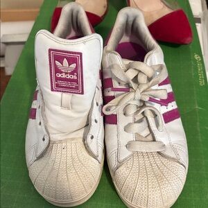 Adidas White and Magenta Shell Toe Sneakers